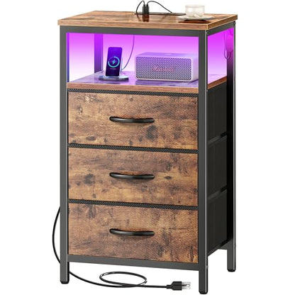 Huuger Night Stand with Charger Station and LED Lights, 3 Drawer Nightstand, Bed Side Table with Open Shelf, End Table, Tall Fabric Dresser for Bedroom, Rustic Brown - color: Rustic Brown, size: 11.8"D x 15.7"W x 27.6"H（3 Drawers）