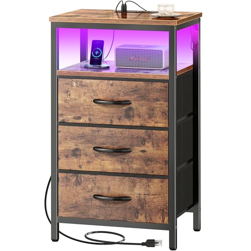 Huuger Night Stand with Charger Station and LED Lights, 3 Drawer Nightstand, Bed Side Table with Open Shelf, End Table, Tall Fabric Dresser for Bedroom, Rustic Brown - color: Rustic Brown, size: 11.8"D x 15.7"W x 27.6"H（3 Drawers）