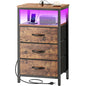 Huuger Night Stand with Charger Station and LED Lights, 3 Drawer Nightstand, Bed Side Table with Open Shelf, End Table, Tall Fabric Dresser for Bedroom, Rustic Brown - color: Rustic Brown, size: 11.8"D x 15.7"W x 27.6"H（3 Drawers）