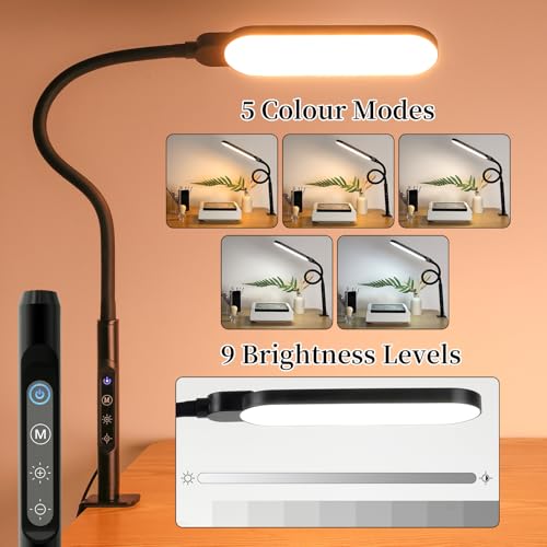 BQAN LED Desk Lamp with Clamp 15W Eye-Caring Clip on Light for Home Black | 5 Modes & 9 Brightness | Adjustable Gooseneck | Touch Dimmer | Clamp Desk Design | For Reading, Study, Nail Art, Work - color: Black