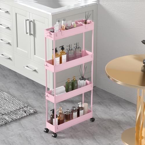 SPACELEAD Slim Storage Cart 4 Tier,Bathroom Organizer Rolling Utility,Mobile Shelving Unit Slide Out for Office, Kitchen, Laundry Room & Narrow Places,Pink - color: Pink