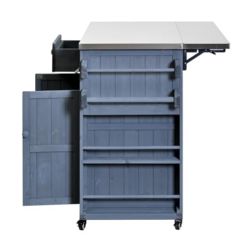 Outdoor Solid Wood Kitchen Island with Storage, 28" Extendable Stainless Steel Top Grill Cart, Rolling BBQ Prep Station with Drawers, Spice Rack, Towel Rack for Backyard, Patio, Camping - color: Grey