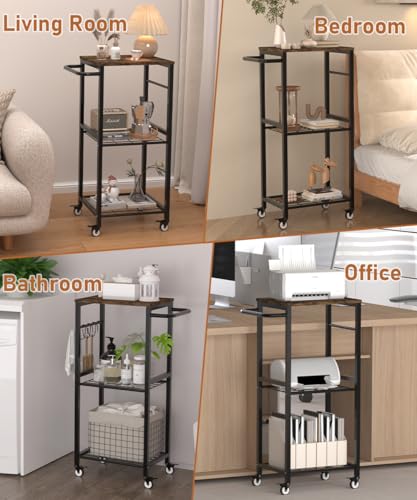 Kitchen Microwave Stand Cart with Storage Rack, 3-Tier Rolling Kitchen Side Table on Wheels with 8 Hooks, Utility Small Coffee Shelf Organizer for Living Room, Bedroom, Bathroom, Office, Black