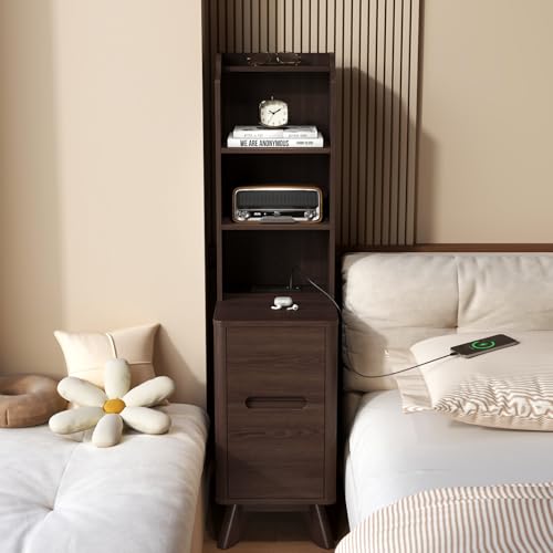 Tall Narrow Nightstand with Bookshelf, 47" Side Table with Charging Station | Tall Free Standing Wooden Night stand with 2 Drawers and 4 Open-Shelves, Modern End Bedside Table for Bedroom, Brown - color: Brown, size: Tall (2 drawer)