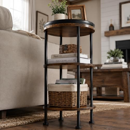 Small Round Side Table with Tray Top, Rustic Brown | Patented Design, 11.8" Narrow End Table for Small Spaces, 3-Tier Industrial Accent Table for Living Room Bedroom Nightstand - color: Rustic Brown, style: Classic