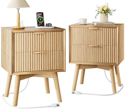 Fluted Nightstand Set of 2 with Charging & Beveled Edge, Natural | 18in Wide, FSC-Certified MDF, Solid Wood Legs, 2 Drawer, Metal Handle, Modern, Bedroom, Night Stand, Bedside Table, End Table - color: Natural Oak - Beveled Drawer, size: 18"W