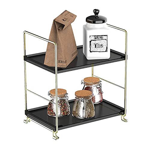 2-Tier Kitchen Spice Rack - Freestanding Stackable Organizer Shelf - Bathroom & Cosmetic Organizer - Square Standing Rack (Golden&Black) - color: Golden