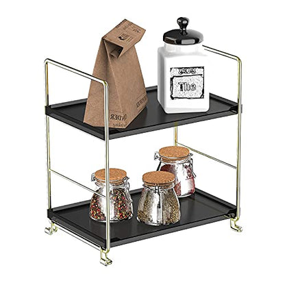 2-Tier Kitchen Spice Rack - Freestanding Stackable Organizer Shelf - Bathroom & Cosmetic Organizer - Square Standing Rack (Golden&Black) - color: Golden