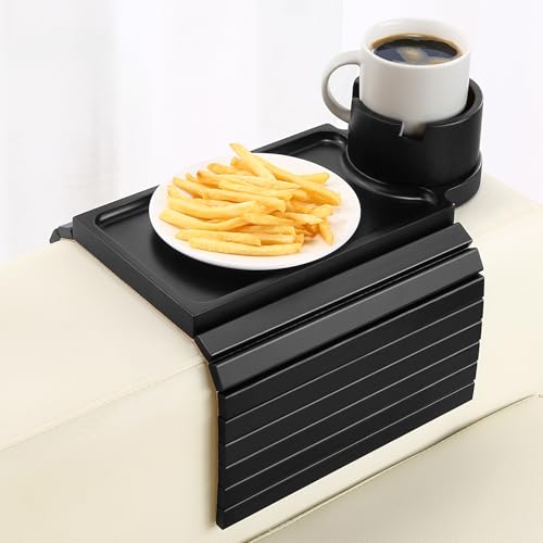 Couch Cup Holder Tray,Foldable Sofa Arm Clip on Tray Table with 360° Rotation Cup Holder,Bamboo Anti-Slip Couch Armrest Table for Coffee Cup,Water Bottles,Mug,Snacks,Remote on Large Armrest - color: Black