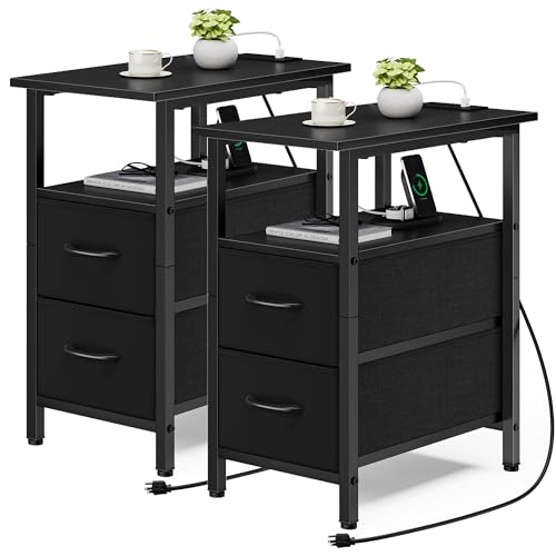Vagusicc End Table with Charging Station Set of 2, Narrow Side Table, 23.8'' Tall Nightstand with 2 Drawers, Small Sofa Side Table Narrow Nightstand for Small Spaces, Living Room, Bedroom, Black - color: Black, size: 2, style: Ordinary