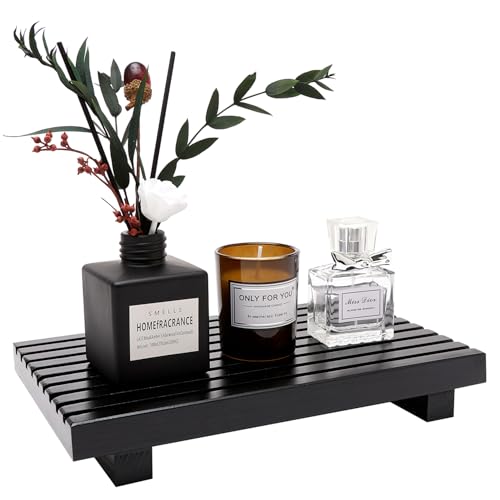 Wood Pedestal Table Stand for Bathroom Tray Kitchen Counter Decor Decorative Wooden Display Risers for Kitchen Sink Accessories Soap Tray Vanity Black Bathroom Counter Organizer Decor Dish Soap Holder - color: Black, size: 10" x 6" x 1.6"