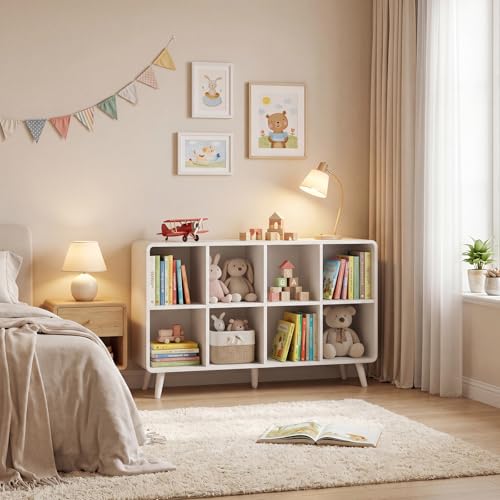 EXPERLAM White 8 Cube Storage Organizer with Legs and Rounded Edges, Mid Century Cube Bookshelf, Low Horizontal Cube Shelf Bookcase for Living Room, Bedroom, Entryway - size: with legs