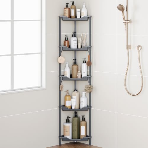 Orimade Rustproof 5 Tier Floor Standing Corner Shower Caddy Organizer, Plastic Aluminum Splicing Floor Corner Shelf Rack Stands for Bathroom, Grey - color: Grey, size: 5 Tier