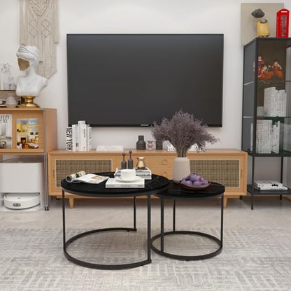 Nesting Coffee Table Set of 2 Round Side Tables, 27.6 Inch Marble Top Coffee Table with Metal Frame for Small Space, Living Room, Bedroom, Balcony & Apartment(Black) - color: Black