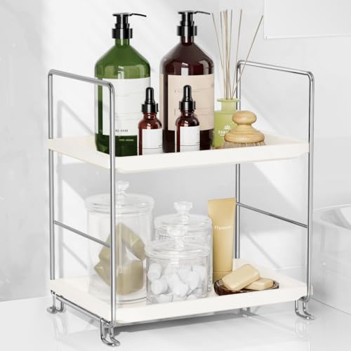 FSyueyun 2-Tier Bathroom Countertop Organizer, Makeup Organizer for Vanity | Silver Metal Frame with White Plastic Shelf, Tool-Free Setup, Bathroom Counter Organizer Tray for Skincare, Perfume, Cosmetic - color: Silver