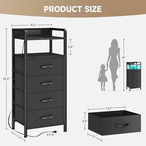 Lazzanto Night Stand Bedside Table Bedroom - Tall Nightstand with Charging Station & LED Light Strip, Bed Side Table with Shelf & Drawers, 2 U-S-B Ports & 2 AC Outlets, Black - color: Black, size: 4 Drawers