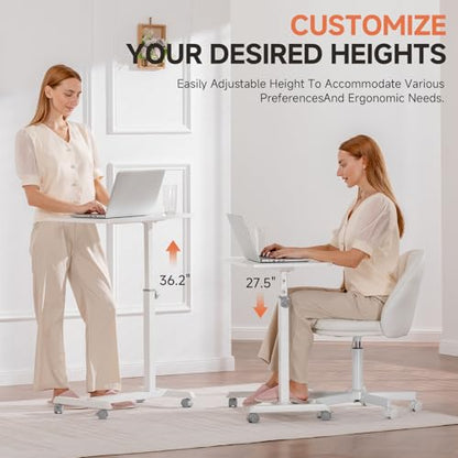 GTPLAYER Small Standing Desk, 24 Inches Mobile Rolling Laptop PC Table with Lockable Casters, Adjustable Height Overbed Bedside Table Computer Workstation for Home Office, White-Fixed - color: White-fixed