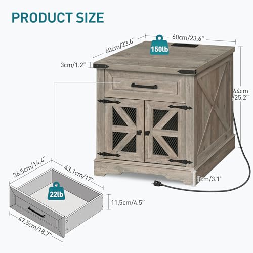 RALGEND Farmhouse End Table with Charging Station, 24" Large Sofa Side Table with Drawer, Large End Table for Living Room, Wooden Nightstand with Outlet, Square, Greige - color: Greige