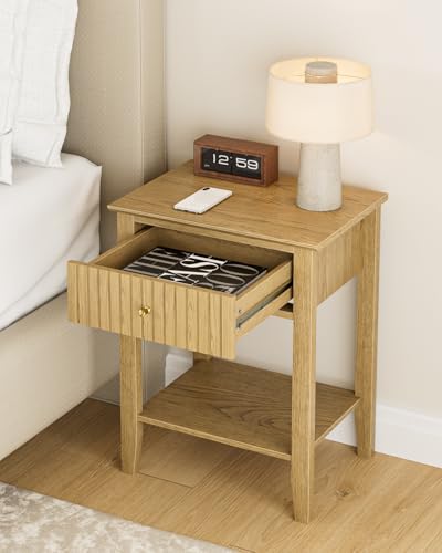 Fluted Nightstand, Farmhouse Night Stand with 1 Drawers, Mid Century Modern Side Accent Table,Bedside End Table for Bedroom, Living Room, Yellow Oak - color: Oak, size: 1 Drawer
