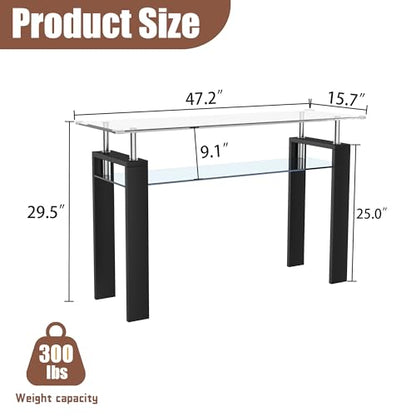 47" 2-Tier Console Table with Tempered Glass Top and MDF Frame, Modern Black Rectangular Glass Entryway Table for Living Room, Apartment, Office, Easy to Assemble - color: Black, size: Console Table