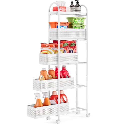 KINGRACK 5-Tier Slim Storage Cart with Pull Out Basket, Rolling Bathroom Organizer Utility, Metal Shelving Unit Slide Out, Lockable Wheels, Easy Assembly for Narrow Place, Kitchen, Laundry Room, White - color: White, size: 5 Tier