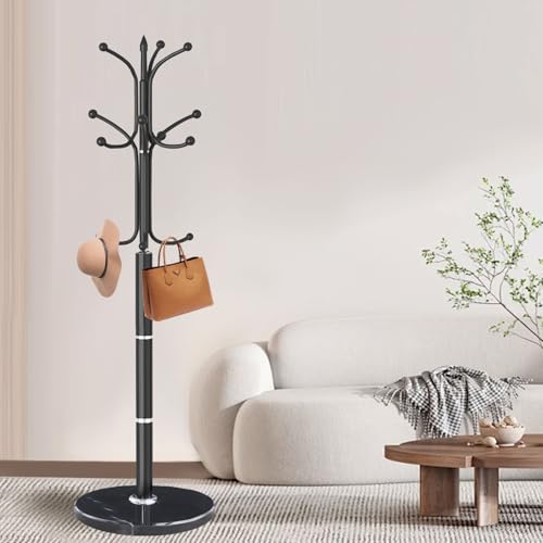 Coat Rack Stand,Black Metal Coat Rack Freestanding with 12 Hooks | Modern Coat Rack with Natural Marble Base,Heavy Duty Coat Hanger Stand, Coat Hall Clothes Tree Stand for Office,Bebroom