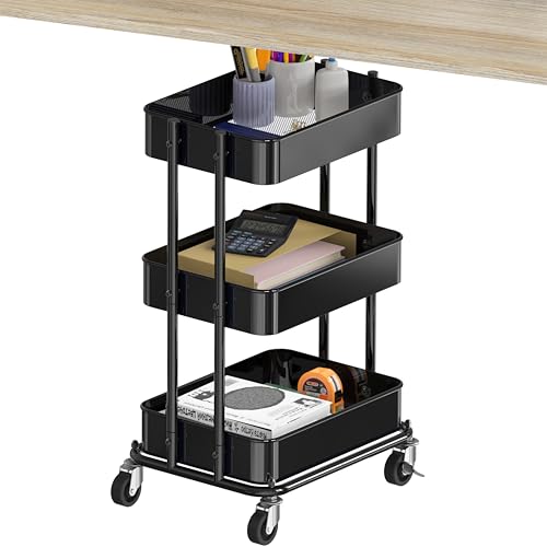 Simple Houseware 3-Tier Utility Cart, Low 24" Height Fits Under Desk, Black | Compact & Lower Height Great for Under-Desk Space-Saving Storage for Home Office, Dining Room, or Kitchen - color: Black