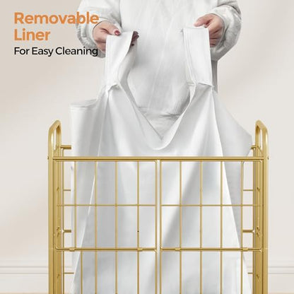 100L 2-Section Laundry Hamper with Wheels, Laundry Basket with Liner Bag | Lockable Casters; Divided Removable Liner; Reinforced Steel Frame; Metal Handle - color: Golden+White, size: 100L-2 Sections