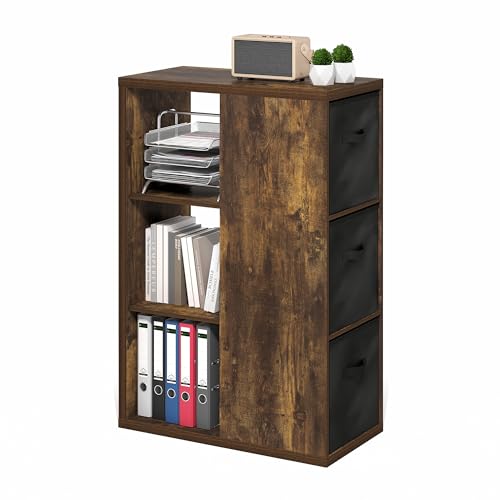 Furinno Viola Book Shelf, 3-Tier Bookshelf, Cube Storage Organizer Bookcase with Open Shelf, with Storage Bins, 13.6 x 29.3 x 43.8, for Living Room, Bedroom, Home Office, Amber Pine/Black - color: Amber Pine, size: 3-Tier with Bins