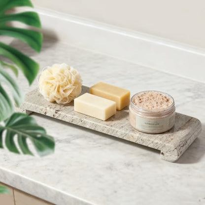 Marble Tray Pedestal Stand, 16"x4" Marble Vanity Tray with Feet for Bathroom Counter, Rectangular Marble Riser for Kitchen Sink, Soap Dispenser Perfume Jewelry Stone Organizer (River White) - color: River White