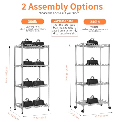 4-Tier Wire Shelf Metal Rack, Narrow Wire Shelving Unit, Small Wire Shelf | 17.3"Wx11.4"Dx44.3"H,Height Adjustable Storage Pantry Shelves with Lockable Wheels for Kitchen Office,Bathroom Small Spaces - color: 4-tier Chrome-17.3"x11.4" X44.3"(wxdxh)