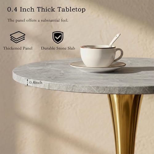 27.6" Marble Round Tulip Table, Mid-Century Modern Style Dining Table with Gold Pedestal Base for 2-4 People, Featuring A Marble Tabletop for Kitchen, Dining Room, Cafe (Light Grey) - color: Light Grey#gold