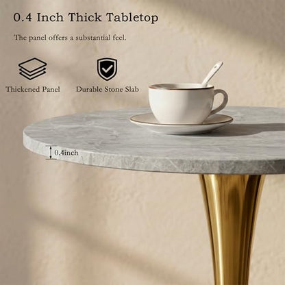 27.6" Marble Round Tulip Table, Mid-Century Modern Style Dining Table with Gold Pedestal Base for 2-4 People, Featuring A Marble Tabletop for Kitchen, Dining Room, Cafe (Light Grey) - color: Light Grey#gold