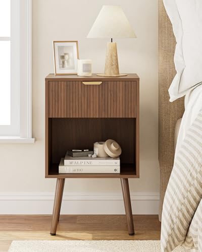 Fluted Nightstand, Modern Bedside Table with Storage Drawer, Wood Night Stand Side End Table for Bedroom, Living Room, Office (Walnut) - color: Walnut