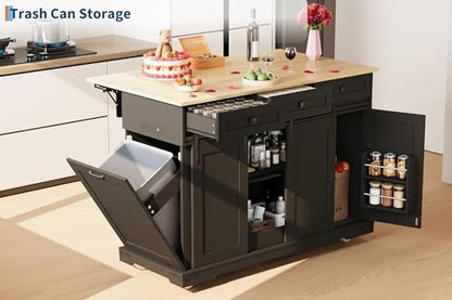Garvee 54" Kitchen Island with Drop Leaf & Power Outlet, Black | Large Rolling Cart with Trash Cabinet, 2 Sliding Barn Doors, 3 Drawers Mobile Island Table with Spice Rack & Towel Rack - color: Black