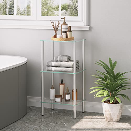 HOOBRO Glass Shelf, 3 Tier Bathroom Standing Shelf Unit, Tempered Glass Shelving Stand for Small Space, Perfume Stand Organizer, Space-Saving, for Bathroom, Bedroom, Steel Frame, Silver SV03CJ01 - size: 15"L x 11.8"W x 29.5"H