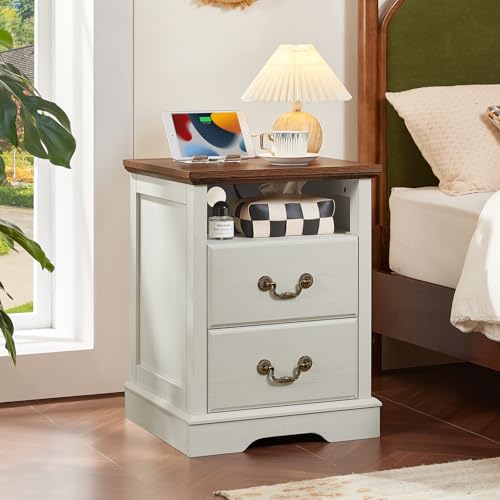 Farmhouse Nightstand with Charging Station, 2 Drawers Night Stand with Storage Shelf, Rustic White 18" Wide Wood Bedside Table, Bed Side End Tables for Bedroom, Living Room - color: White, size: 1PCS