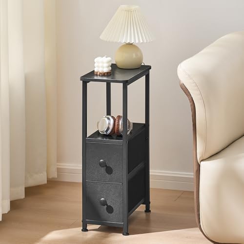 DALEMHOME End Table, Narrow Side Table with 2 Fabric Drawers, Slim Nightstand, Small Bedside Table with Storage, Living Room, Bedroom, Black HKET1200BK - color: Black, size: 7.9" W x 15.7" D, style: No Power