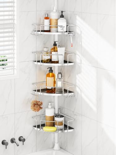 ALLZONE Corner Shower Caddy Tension Pole, 4 Hang-On Basket with Mixed-Height Shelves for Various Bottle Sizes, Extra Hooks & Soap Holder, Rustproof Stainless Steel, Fits 34–116 Inch, Silver/Dark Gray - color: Silver/Dark Gray
