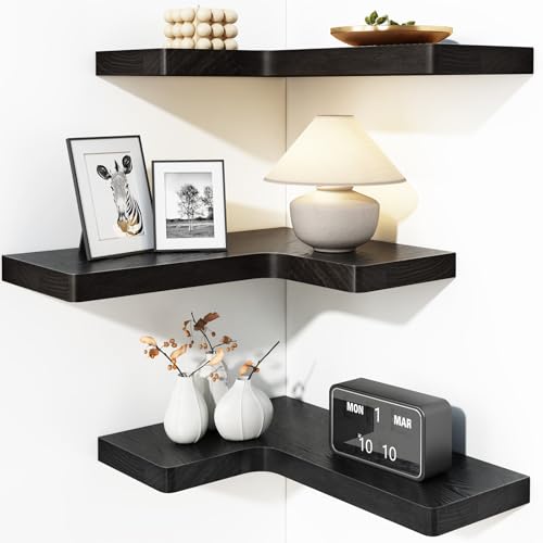Fixwal Corner Floating Shelves for Wall Mounted Natural Solid Wood 16"x11.4" Farmhouse Home Decor Display Shelving Set of 3 (Black) - color: Black