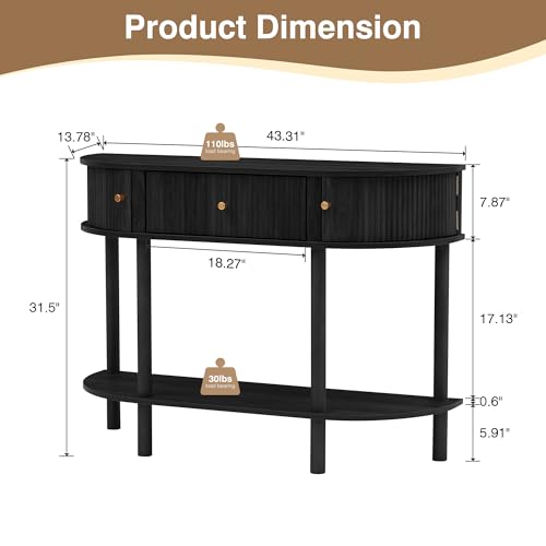 XUZENEST 43.3“ Fluted Half Moon Console Table, Modern Entryway Console Sofa Table with Storage, Narrow Wood Accent Tables Behind Couch Tables for Living Room, Hallway, Foyer(Black) - color: 43.3 Haflf Moon Black