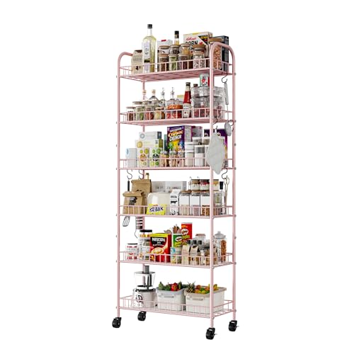 6 Tier Slim Rolling Storage Cart with Wheels, Metal Mobile Shelving Unit Organizer Utility Cart for Office Bathroom Kitchen Laundry Room Narrow Places (Pink 10 Inches) - size: Pink 10 Inches