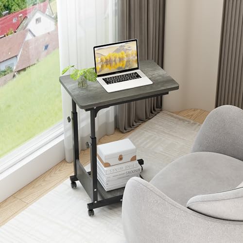 TigerDad Adjustable Height C Table Sofa Side Bedside Table with Wheels, Hospital Bed Table Rolling Tray with Storage, Mobile Computer Desk Laptop Table for Home Use,Gray - color: Grey