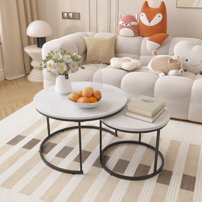 Nesting Coffee Table Set of 2 Round Side Tables, 27.6 Inch Marble Top Coffee Table with Metal Frame for Small Space, Living Room, Bedroom, Balcony & Apartment(White) - color: White