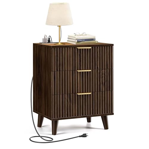 Fluted Night Stand, 20 inch Modern Nightstand with Charging Station Wood Bedside End Table with 3 Large Storage Drawers, Tall Side Table for Bedroom Sofa Office, Walnut - color: Walnut, size: 1pcs