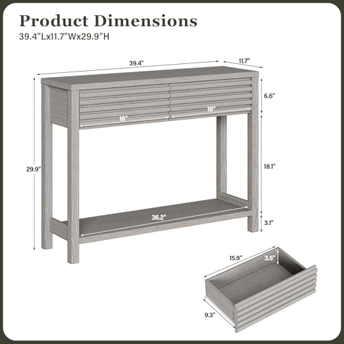 EAG 40" Fluted Console Table with 2 Drawers, Modern Wood 2 Tier Entryway Table with Storage Shelf, Narrow Sofa Tables Behind Couch for Entrance Foyer, Hallway, Living Room, Gray - color: Grey
