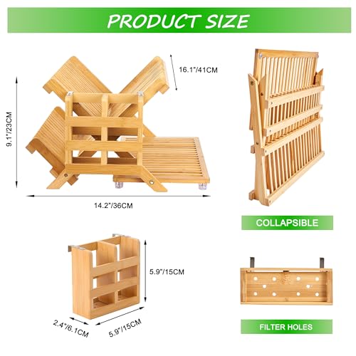 NOVAYEAH Bamboo Dish Drying Rack with Utensil Holder, Collapsible Wooden Dish Drainer Rack, 3-Tier Large Folding Drying Holder for Kitchen Counter 51 pcs Grid - color: 3-tier (Bamboo)