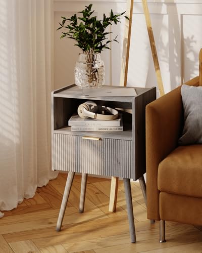 JOONEE Nightstand,Modern Bedside Table with Storage Drawer and Open Wood Shelf, for Living Room, Bedroom and Small Spaces, Accent Night Stand with Solid Wood Legs, Easy Assembly,Grey Oak - color: Grey Oak