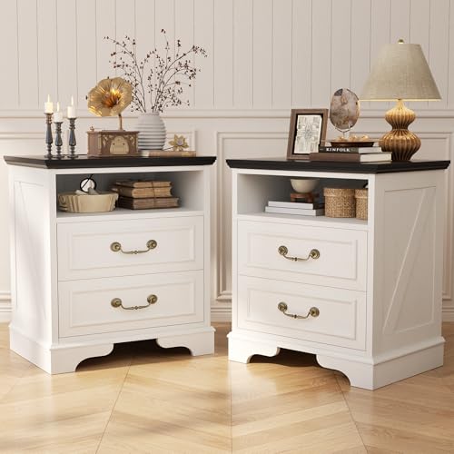 Unikito Farmhouse Nightstands Set of 2, Antique White | Charging Station, 2 Large Drawers with Vintage Handles, Open Storage Side Table for Bedroom, Living Room, Home Office - color: Warm White, size: 2 PACK