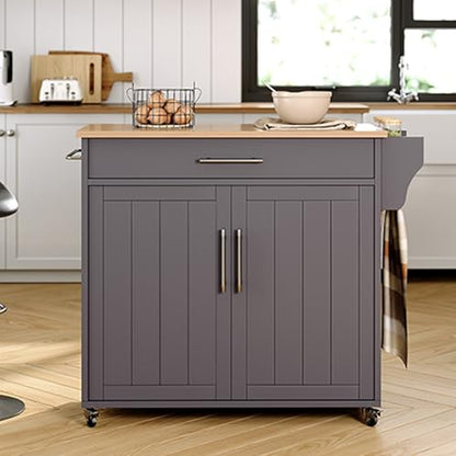 Kitchen Island with Storage, Wooden Countertop Rolling Kitchen Island On Wheels Storage Cabinet, Mobile Kitchen Island Cart with Towel Rack, Spice Rack and Drawers, Grey - color: Grey